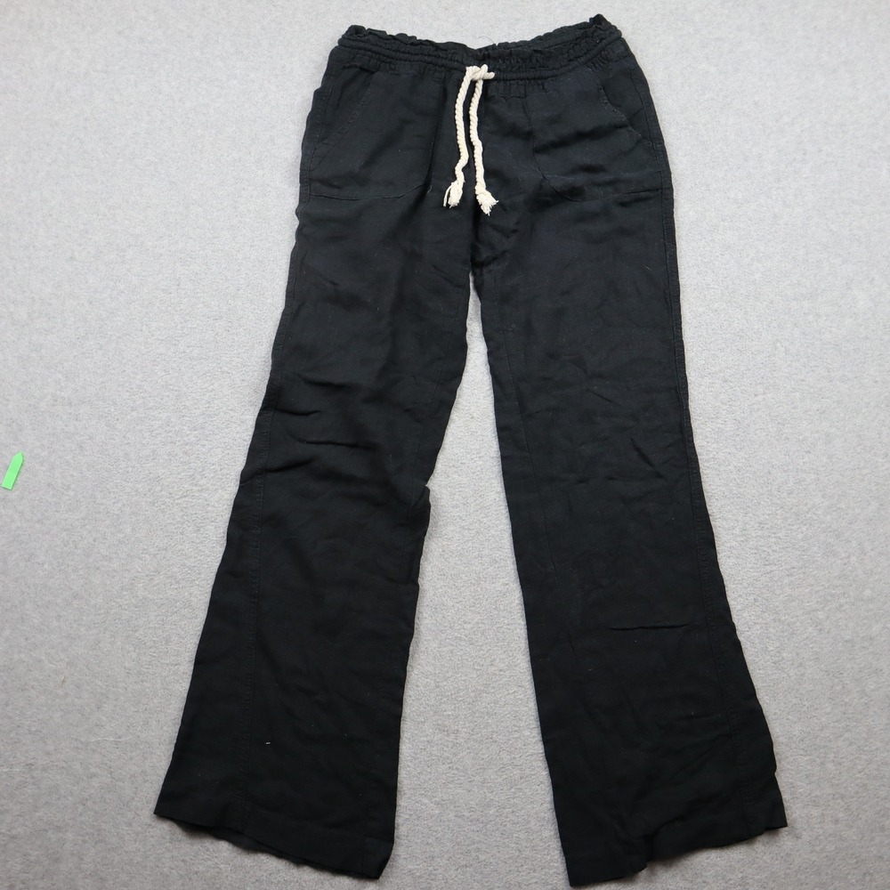Roxy Linen Pants Womens Medium Oceanside Black Wide Leg Drawstring Beach Summer